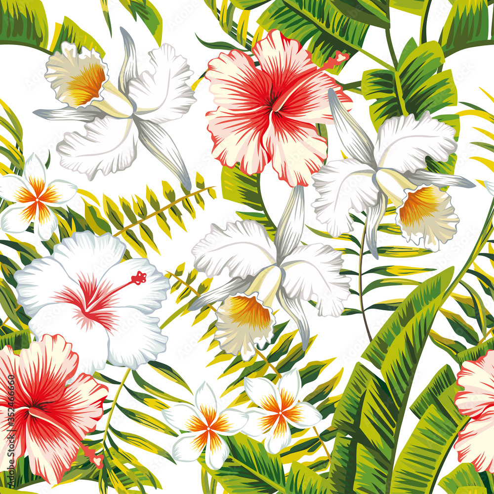 热带夏花芙蓉、百合和兰花棕榈香蕉叶和pla无缝矢量图案