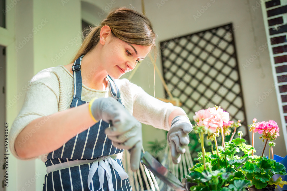 女人在阳台的花盆里种花