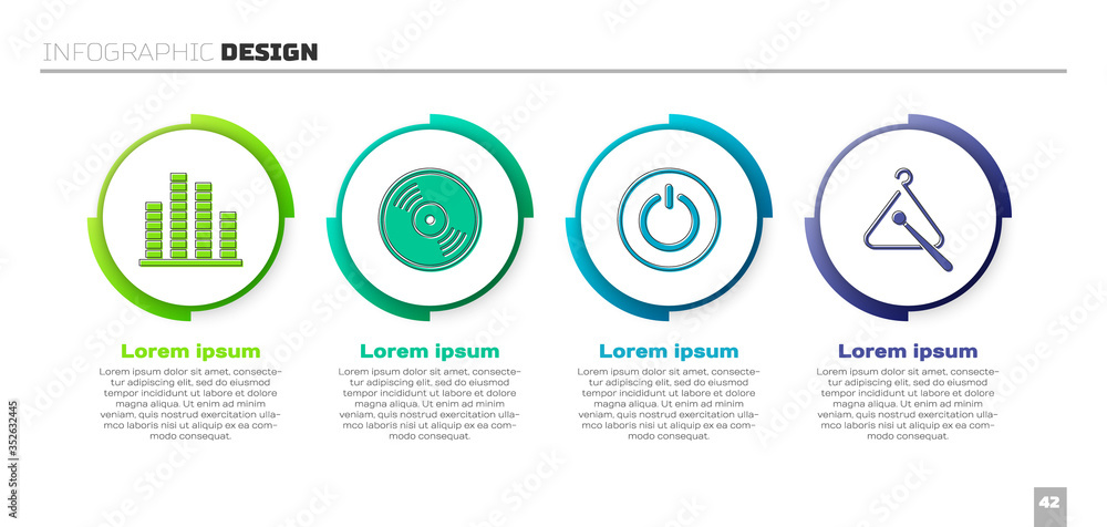Set Music equalizer, Vinyl disk, Power button and Triangle musical instrument. Business infographic 