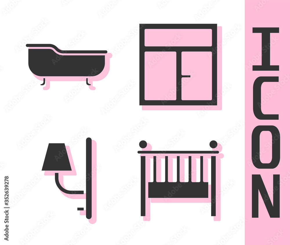 在房间图标中设置婴儿床摇篮床、浴缸、壁灯和窗户。矢量。