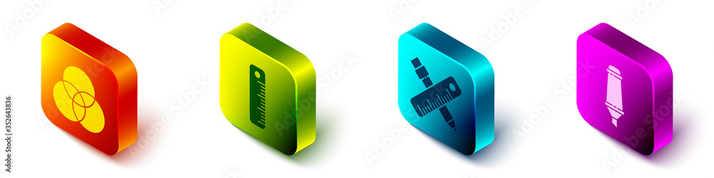 设置等距RGB和CMYK颜色混合、标尺、十字标尺以及铅笔和记号笔图标。矢量