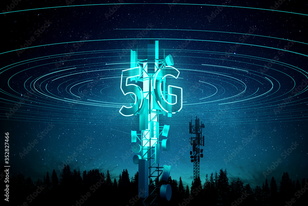 5G移动信号通信桅杆（蜂窝塔）超快数据流概念。3D插图。