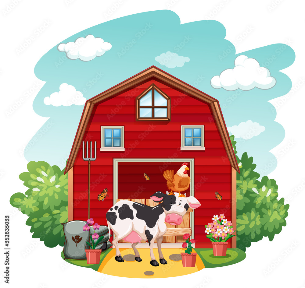 Farm scene with animals and barn on white background