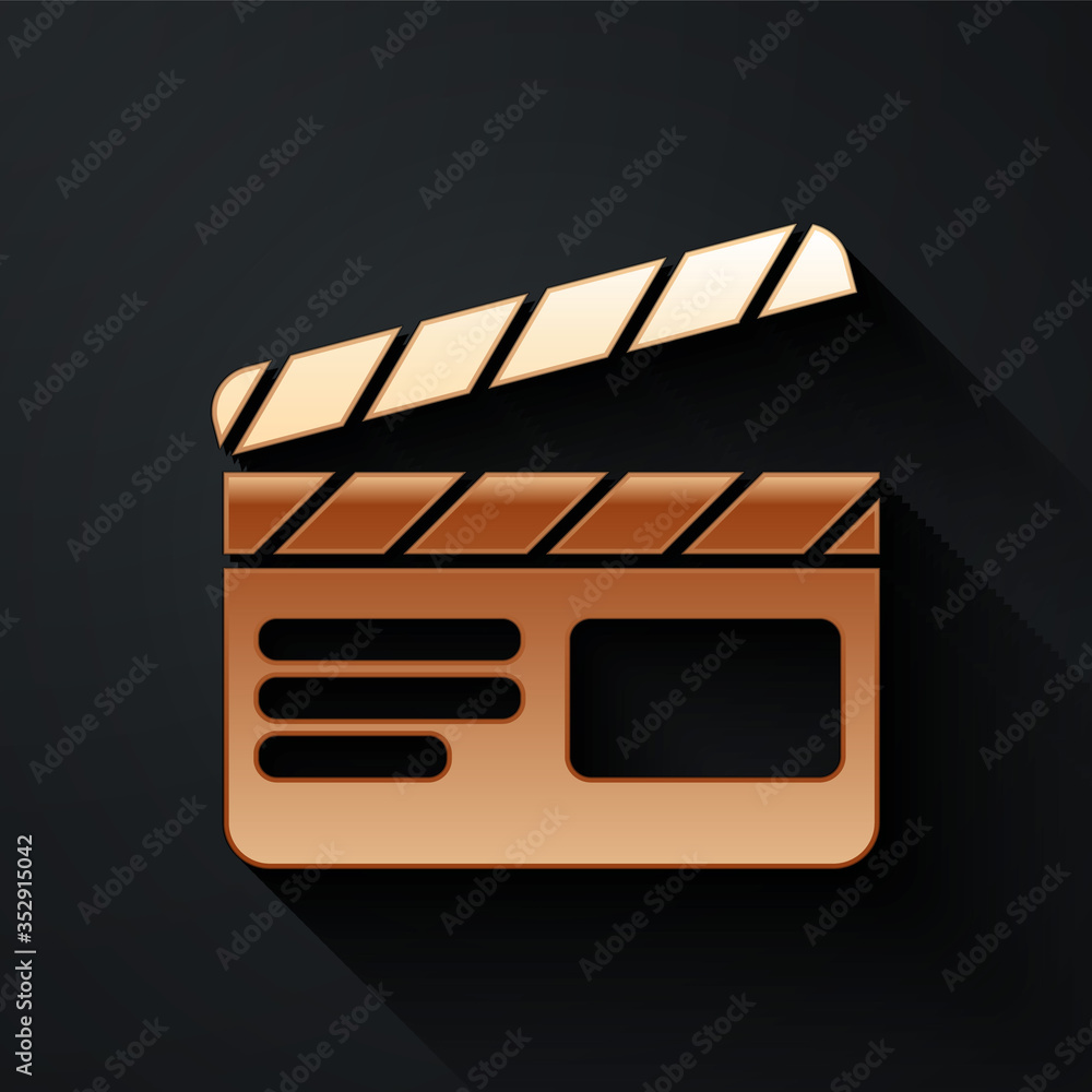 Gold Movie clapper icon isolated on black background. Film clapper board. Clapperboard sign. Cinema 