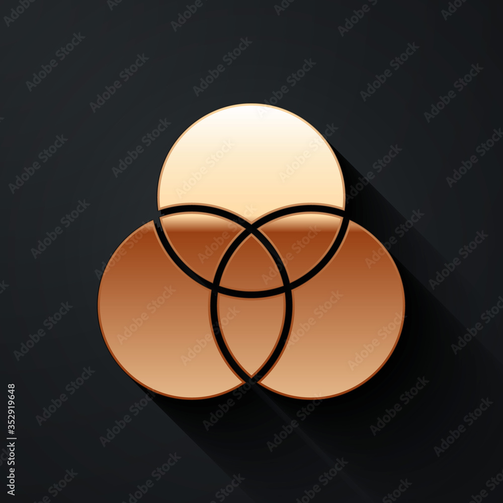 Gold RGB and CMYK color mixing icon isolated on black background. Long shadow style. Vector.