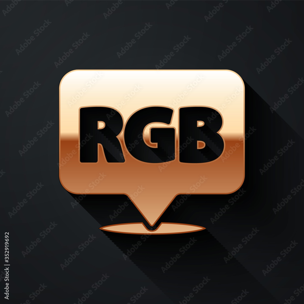 Gold Speech bubble with RGB and CMYK color mixing icon isolated on black background. Long shadow sty