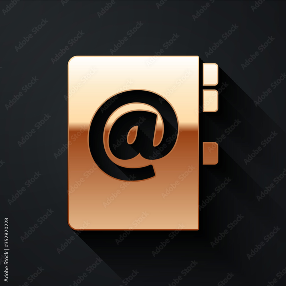 黑色背景上隔离的金色通讯簿图标。笔记本，地址，联系人，目录，电话，t