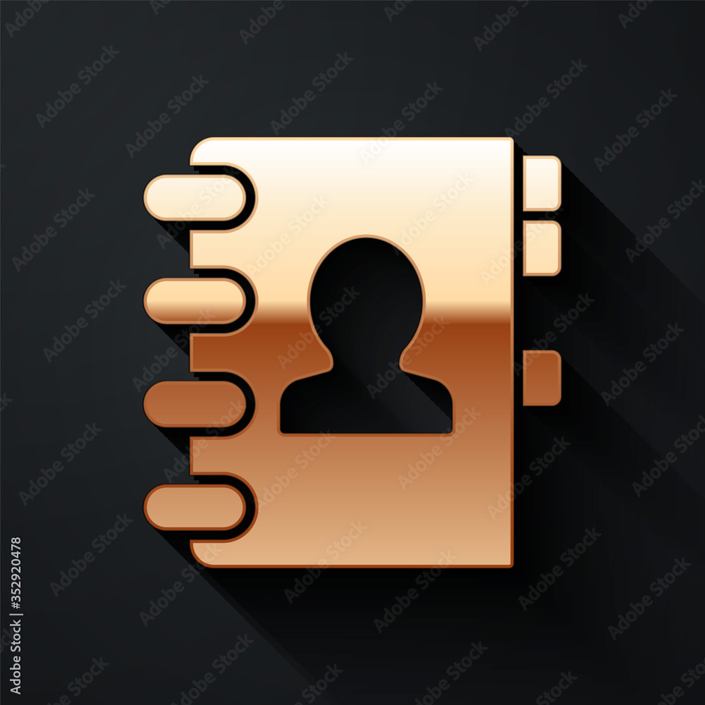 Gold Address book icon isolated on black background. Notebook, address, contact, directory, phone, t