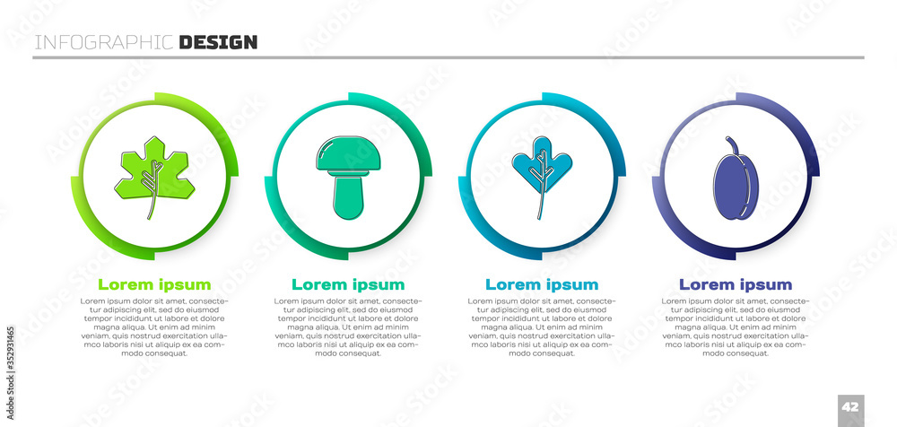 Set Leaf or leaves, Mushroom, Leaf or leaves and Plum fruit. Business infographic template. Vector.