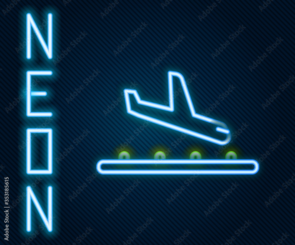 闪烁的霓虹灯线黑色背景上隔离的飞机着陆图标。飞机运输符号。彩色