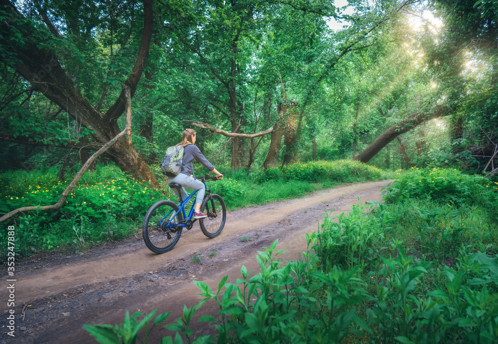 春天日落时，一名女子在美丽的森林里骑自行车。五颜六色的风景带着运动女孩