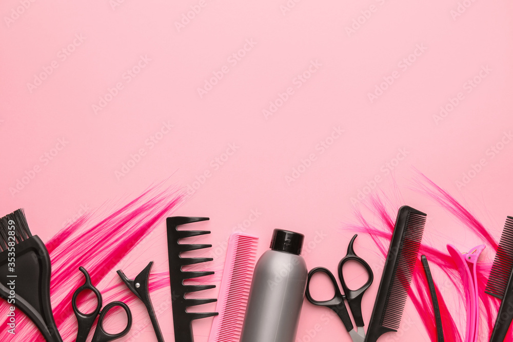 Hairdresser supplies on color background