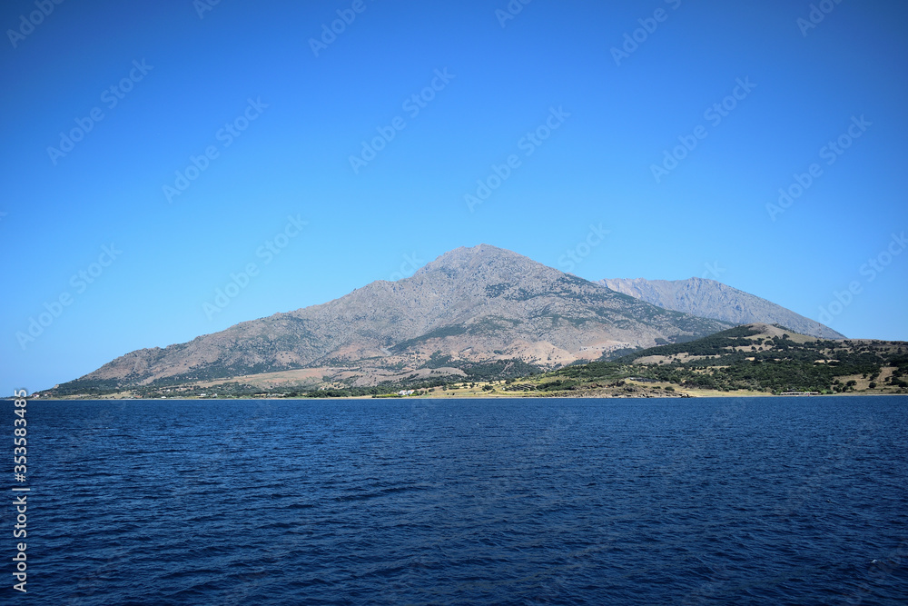 Seascape with Saos mountain and coastline Kamariotissa area - Samothraki island view from ferry - Gr