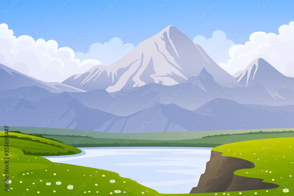 山脉景观、山谷湖泊和绿色田野。