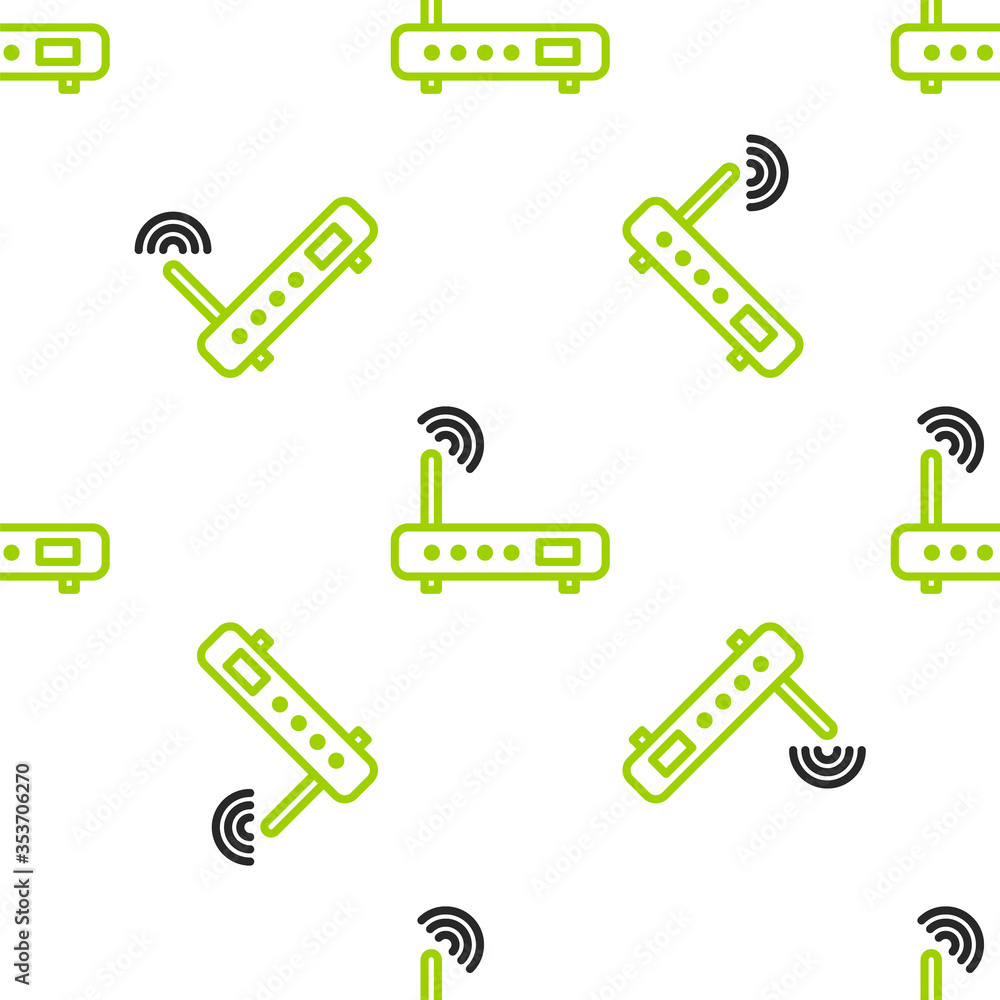 线路路由器和wi-fi信号图标在白色背景上隔离无缝图案。无线以太网m