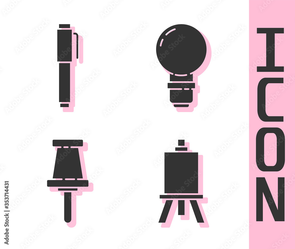 Set Easel or painting art boards, Pen, Push pin and Light bulb icon. Vector.
