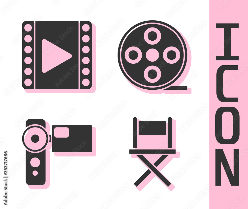 Set Director movie chair, Play Video, Cinema camera and Film reel icon. Vector.