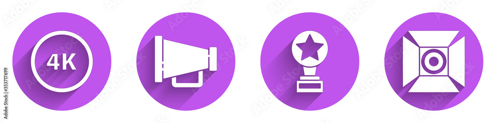 Set 4k Ultra HD, Megaphone, Movie trophy and Movie spotlight icon with long shadow. Vector.
