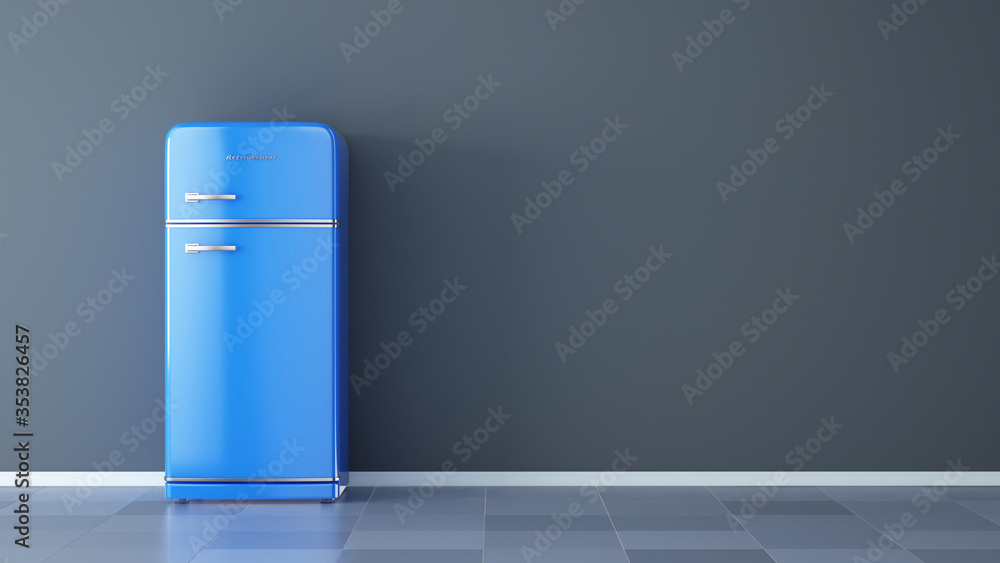 复古蓝色冰箱。冰箱。三维渲染