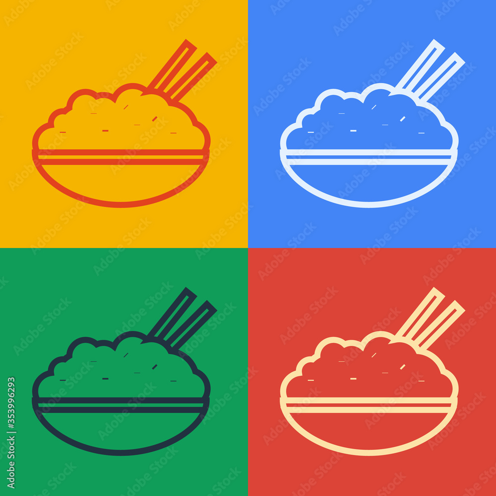 流行艺术线碗里的米饭，筷子图标隔离在彩色背景上。传统亚洲食物