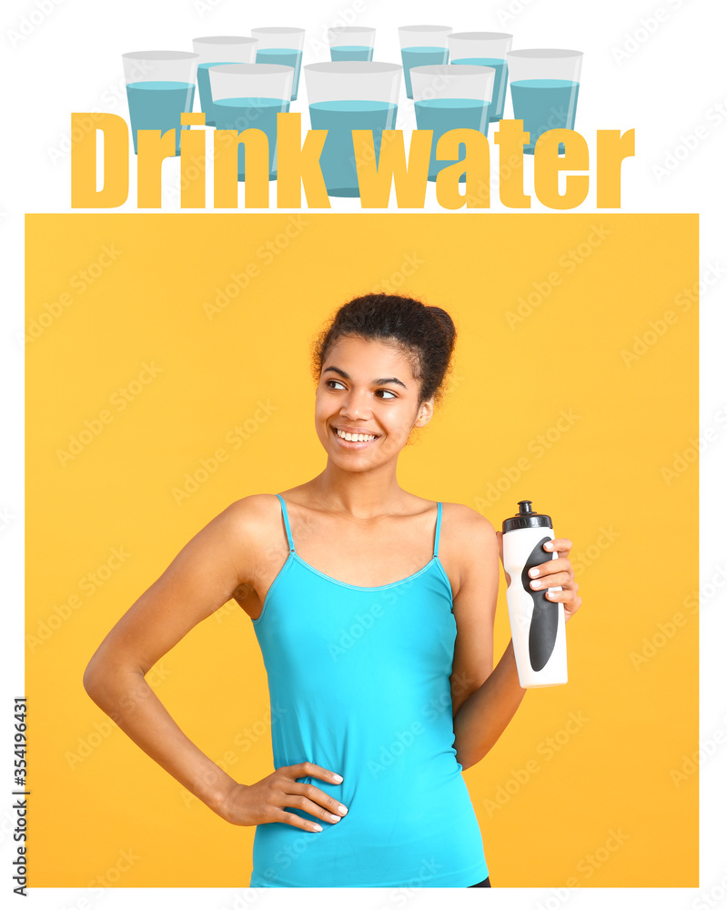Sporty African-American woman with bottle of water on color background