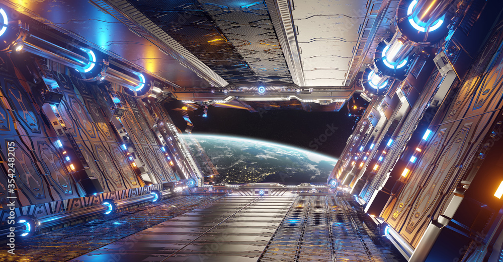 橙色和蓝色的未来宇宙飞船内部，地球上的窗户视图3d渲染