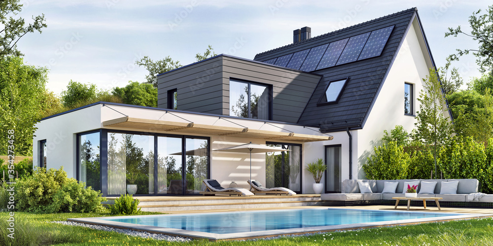 带太阳能电池板和游泳池的漂亮现代房子