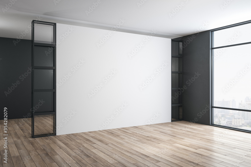 Minimalistic exhibition interior hall with blank wall