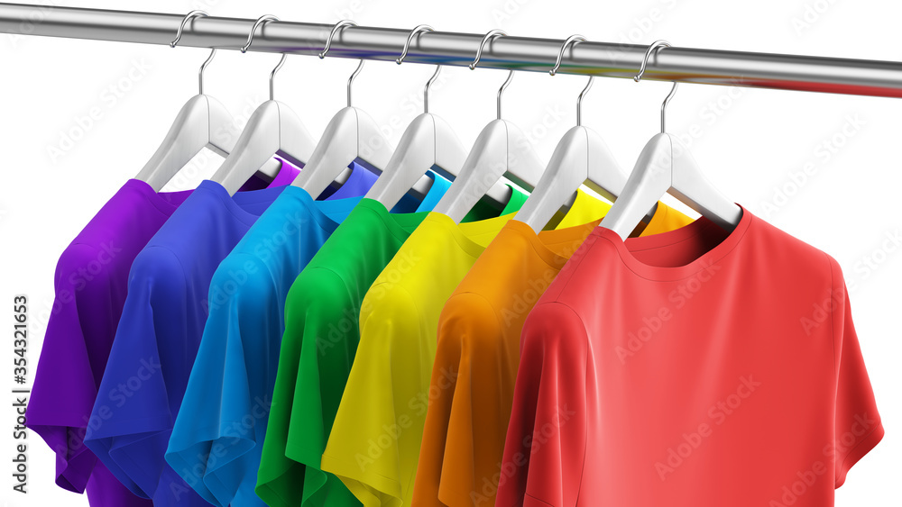 Row of many colorful rainbow new fabric cotton t-shirts on hangers isolated on white background. 3d 