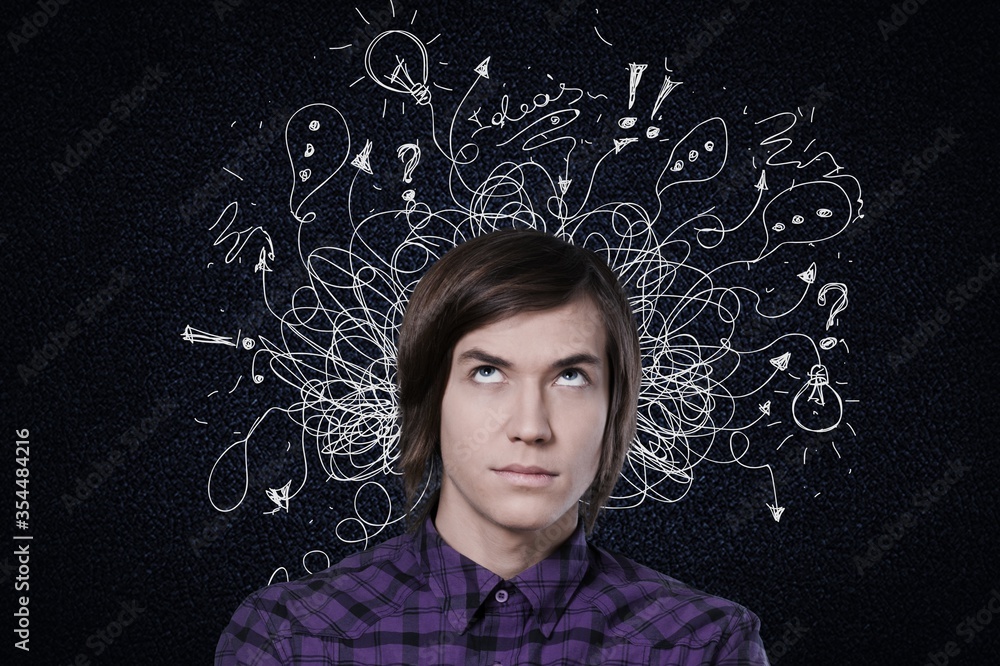 Young man with worried stressed face expression with illustration