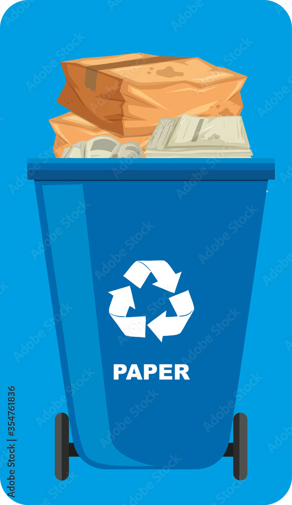 Blue recycle bins with recycle symbol on blue background