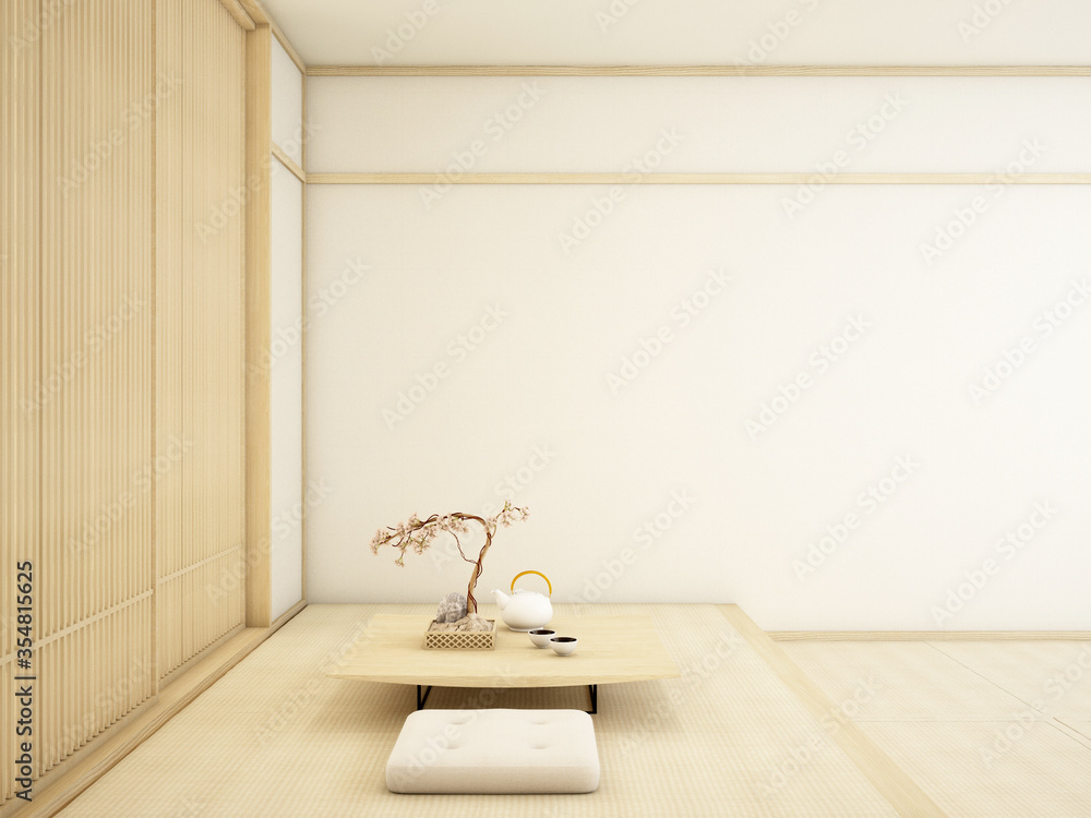 室内设计，现代客厅，带桌子，木地板，专为日式设计
