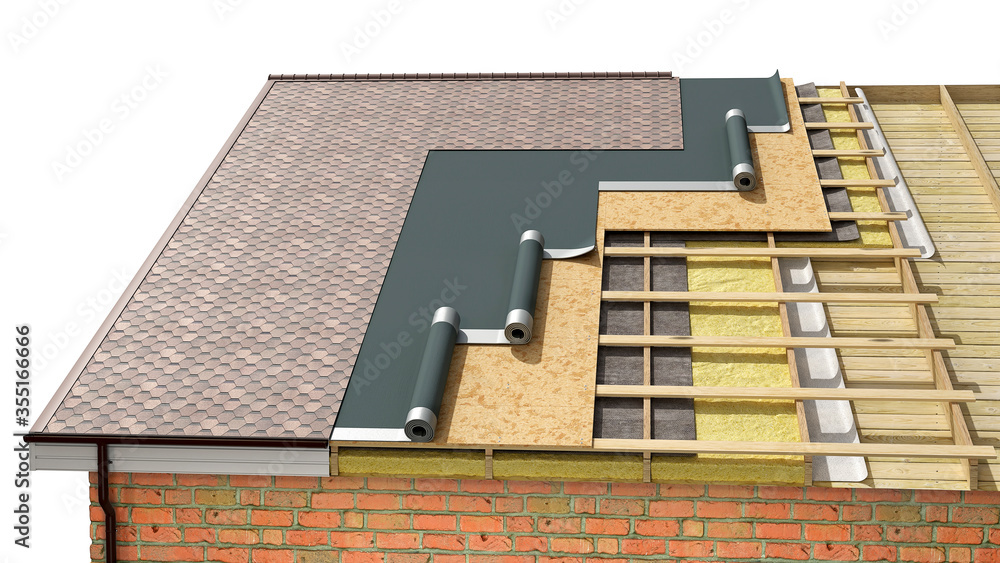 详细的木瓦屋顶安装过程，三维插图