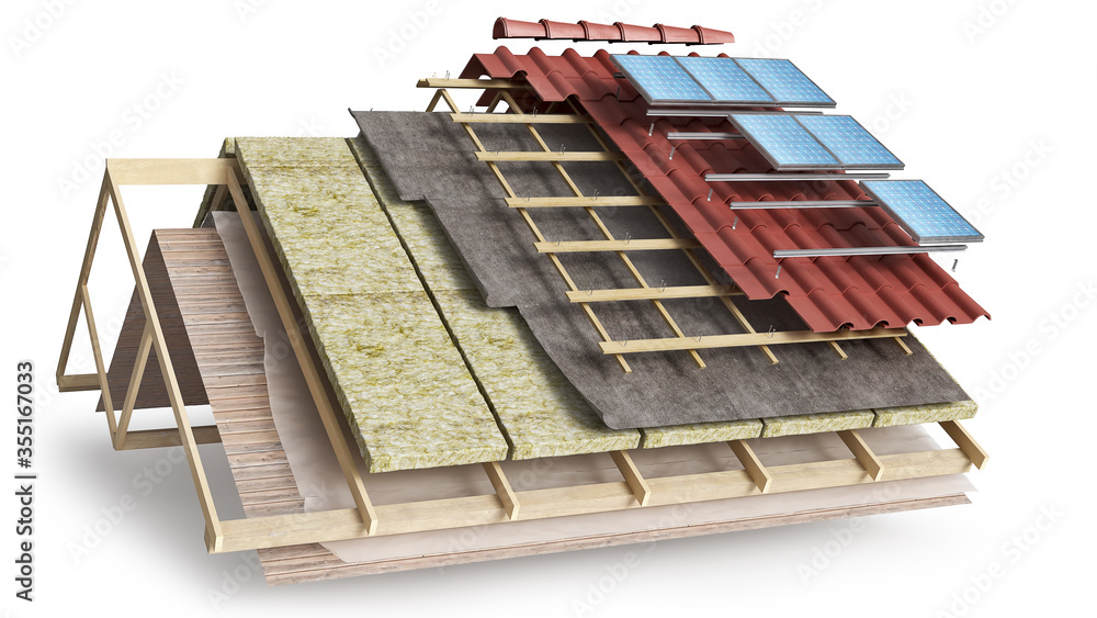 屋顶覆盖物和太阳能电池安装的分层方案，三维插图