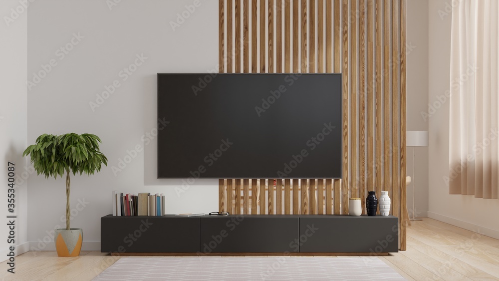 客厅白墙上的智能电视，简约设计。