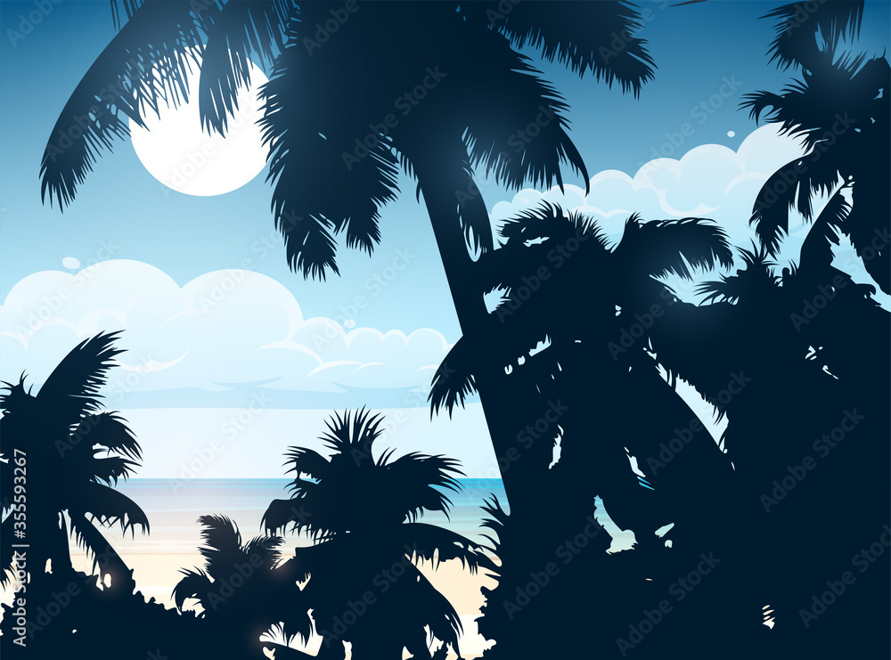 Palm forest silhouette. Tropical sea beach.