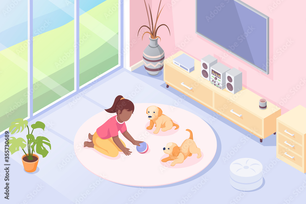 宠物，女孩在房间里和小狗玩耍，矢量等距图。带玩具球的小女孩a