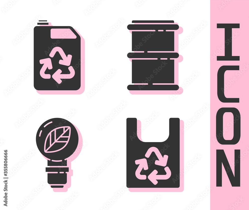 带回收的塑料袋，环保燃料罐，带叶子和桶图标的灯泡。矢量