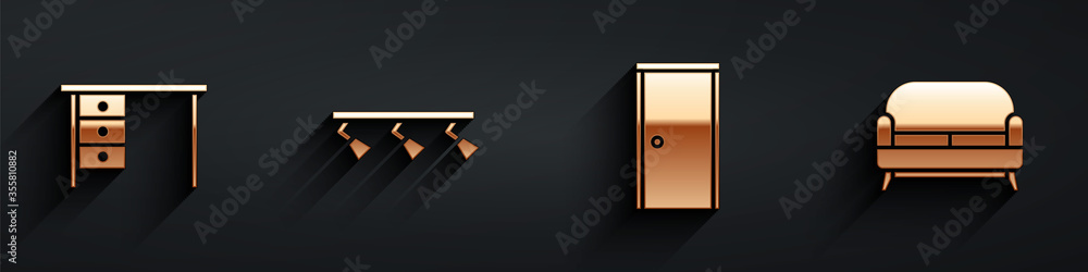Set Office desk, Led track lights and lamps, Closed door and Sofa icon with long shadow. Vector