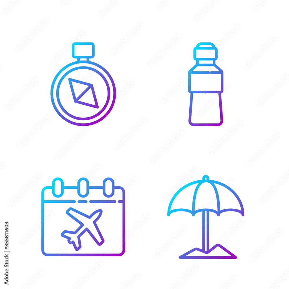 为海滩、日历和飞机、指南针和水瓶设置遮阳伞。渐变