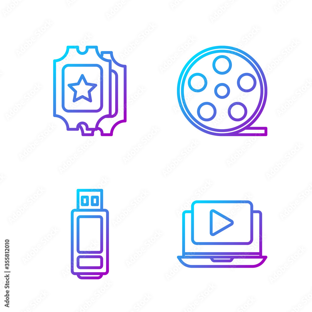 Set line Online play video, USB flash drive, Cinema ticket and Film reel. Gradient color icons. Vect