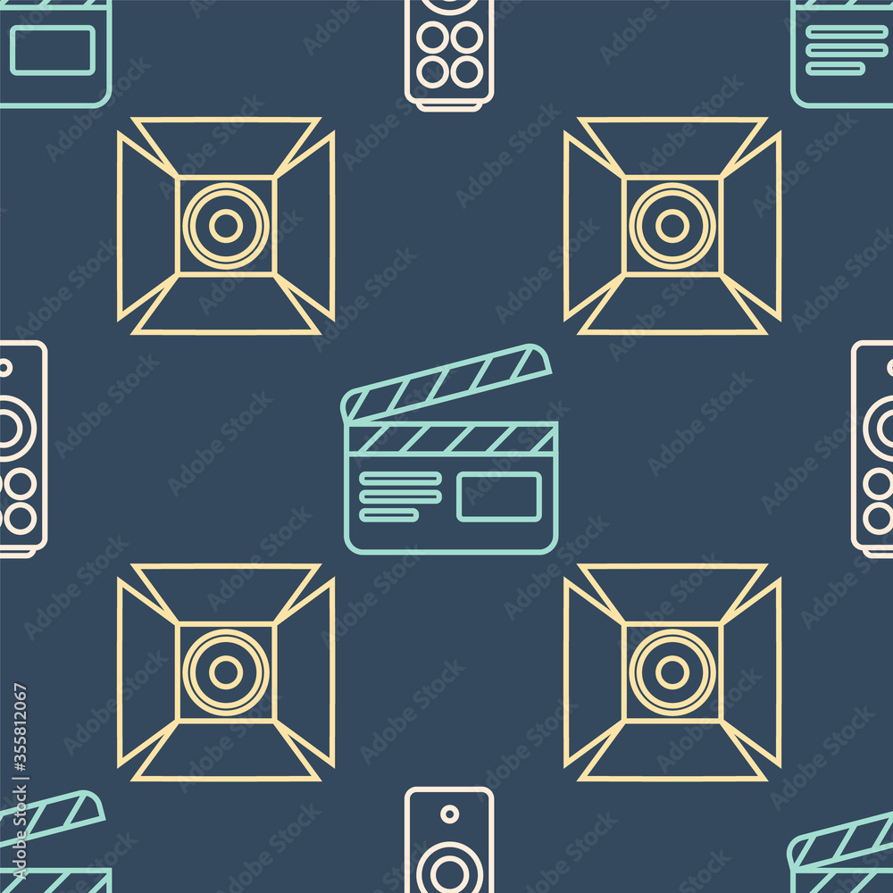 Set line Remote control, Movie spotlight and Movie clapper on seamless pattern. Vector