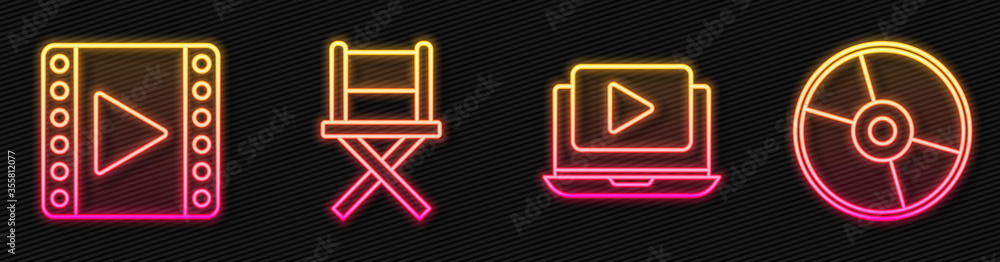 Set line Online play video, Play Video, Director movie chair and CD or DVD disk. Glowing neon icon. 