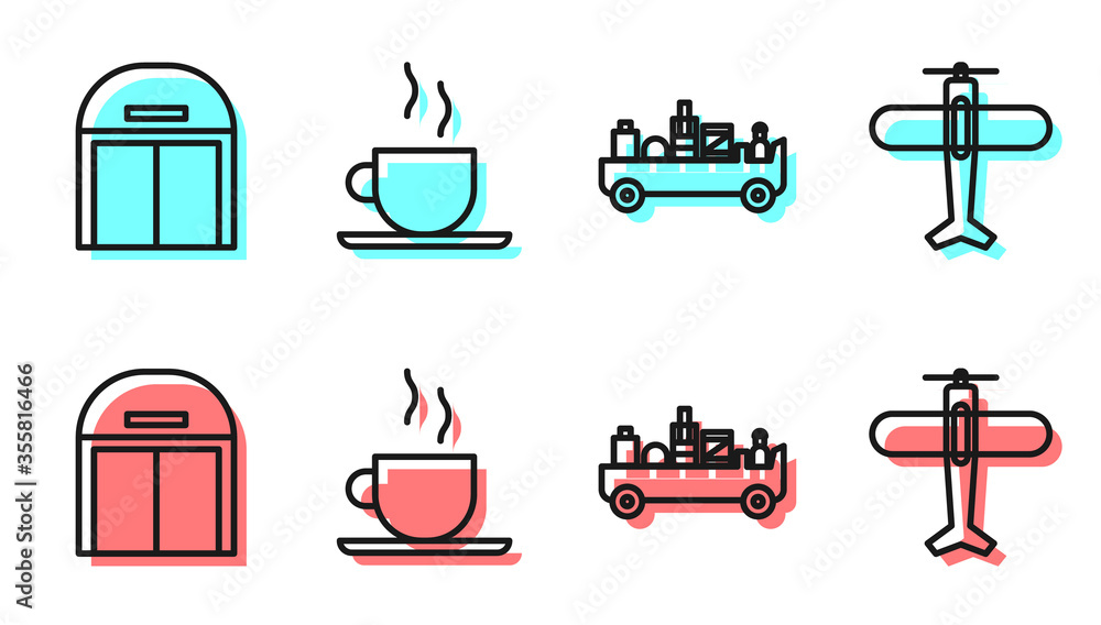 Set line Airport luggage towing truck, Aircraft hangar, Coffee cup and Plane icon. Vector