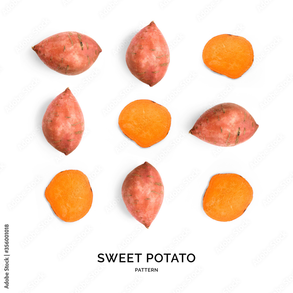 红薯无缝图案。蔬菜抽象背景。白背上的红薯