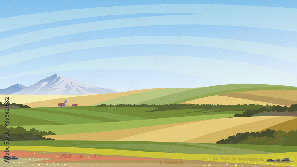 绿色山丘、蓝天和山脉的夏季田野景观。农场场景。
