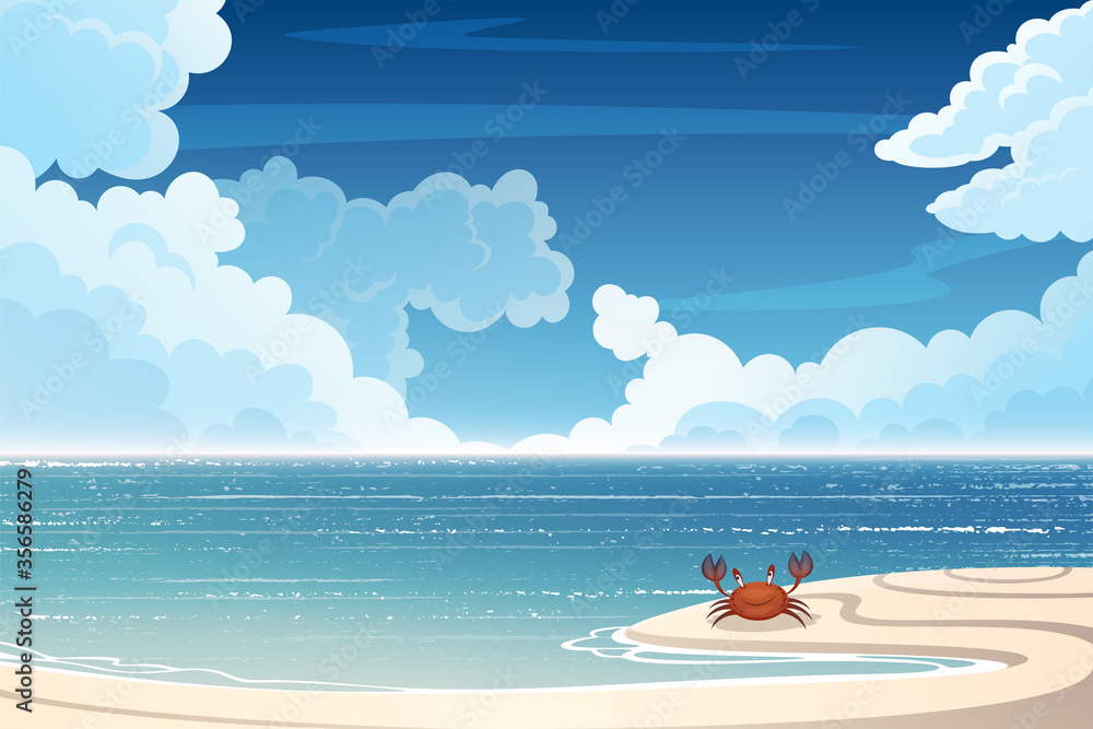 热带海滩和海洋景观，有小螃蟹。