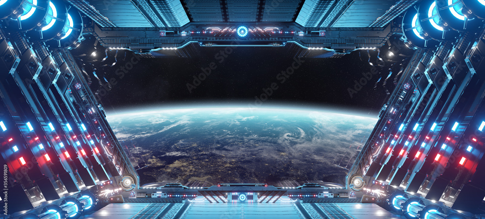 蓝色和红色的未来宇宙飞船内部，地球上的窗户视图3d渲染
