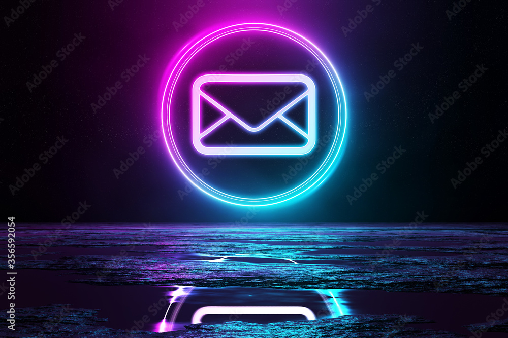用蓝色和粉色霓虹灯3D渲染照亮地板的数字电子邮件全息图标