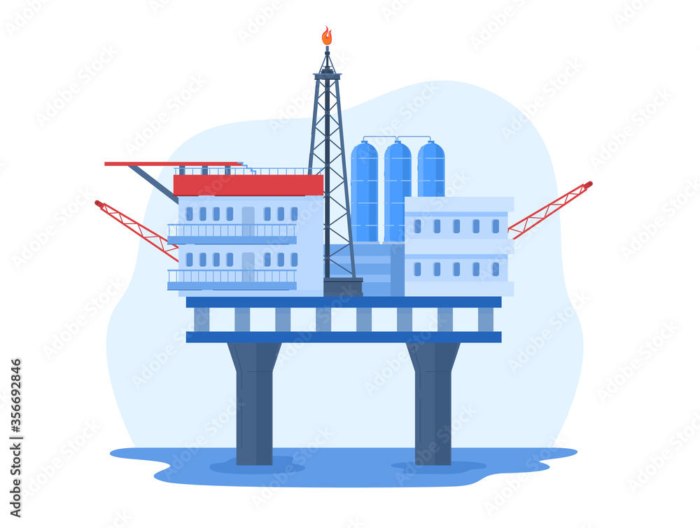 石油天然气行业矢量插图。带水上钻机钻井平台的卡通平坦城市景观，